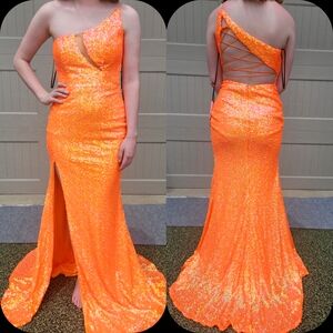 Alyce Paris One-Shoulder Orange Sequin Dress